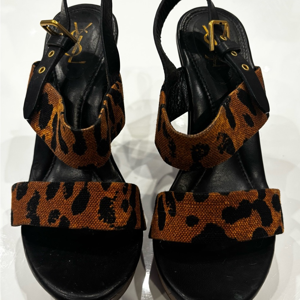Authentic Yves Saint Laurent/Tom Ford Leopard Print Wood Platform Sandals - Picture 3 of 15